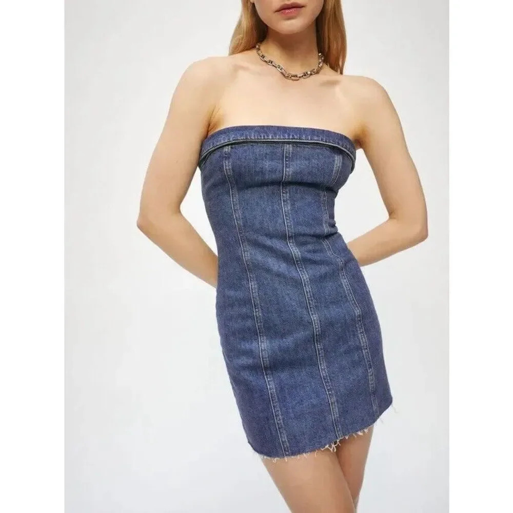 Reformation NWT Madilyn denim blue jean strapless mini dress Zip Up Size 12